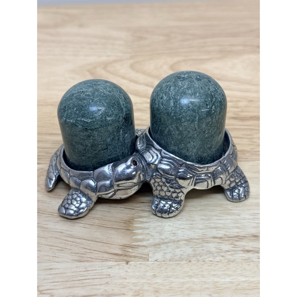 Vintage Arthur Court 1993 Turtle Tortoise Salt & Pepper Shaker Green Marble #2